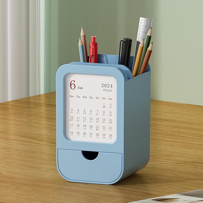 Upgraded Pen Holder with Built-in Calendar - Modern Desk Organizer for Office, School, Home, Premium Silicone Design with Chic Aesthetic, Multi-Functional Stationery & Makeup Storage - Blue