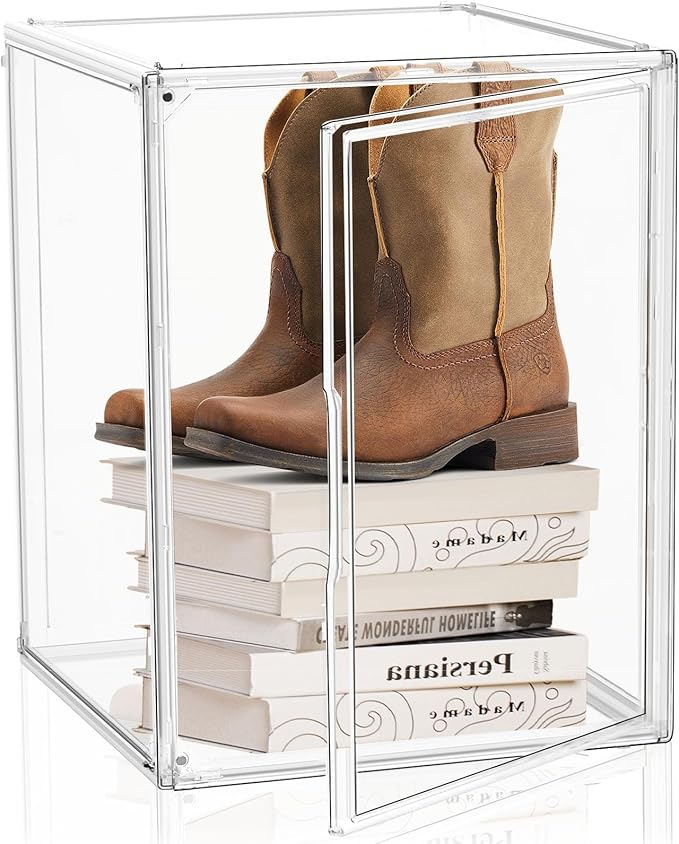 5 Pack XXX-Large Extra Large Acrylic Display Case 17.3'' x 13'' x 13'', Transparent Sneaker Boxes Clear Plastic Stackable Boot & Shoe Boxes Large Showcase for Helmet, Handbag, Figures Collectibles
