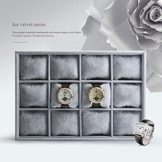 Oirlv Premium Velvet 12 Grid Jewelry Organizer Tray with Removable Pillow Watch Organizer Jewelry Tray Bracelet Bangle Watch Display Holder