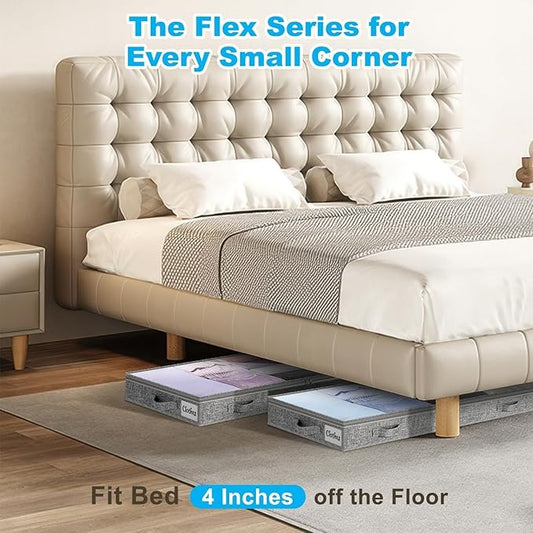 4 Inch Low Profile Under Bed Storage Drawer 2 Pack, Lightweight Underbed Clothes Storage Container Bins with NO STURCTURE, Shallow Storage Bag for Dorm & Home, With Clear Lids & Water-Resistant Fabric