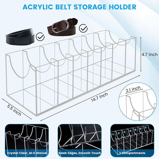HAKDAY Belt Organizer, Acrylic Belt Storage Holder for The Closet 7 Compartments Display Case for Tie and Bow Tie