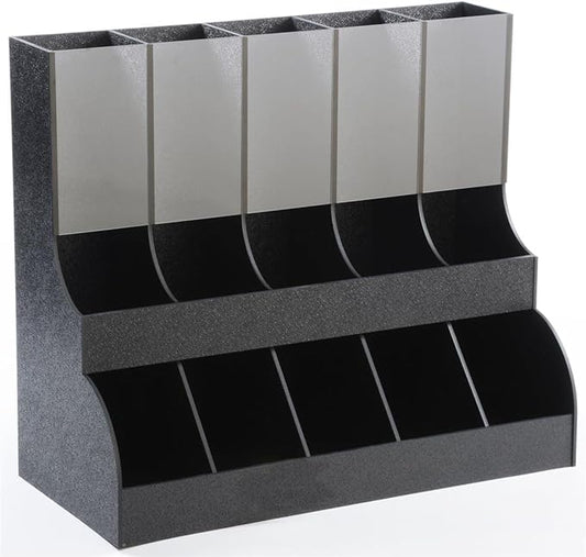 Displays2go K-Cup Organizer and Dispenser, 10 Compartments, Holds 75+ K-Cups, Countertop, ABS Plastic (Black)