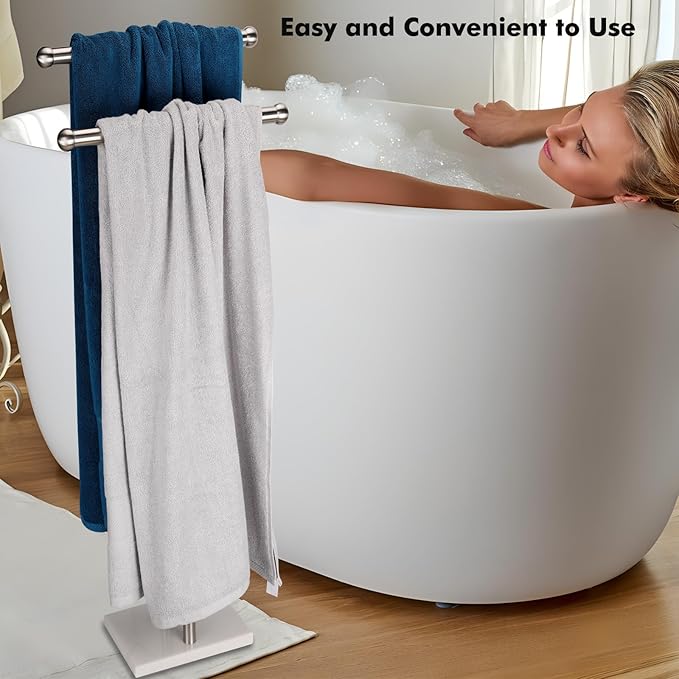 Standing Towel Rack Double-T Shape Tall Bath Towel Sheet Holder with Marble Design Base for Bathroom 2 Tier Towel Holder Stand Stainless Steel (Brushed Nickel)