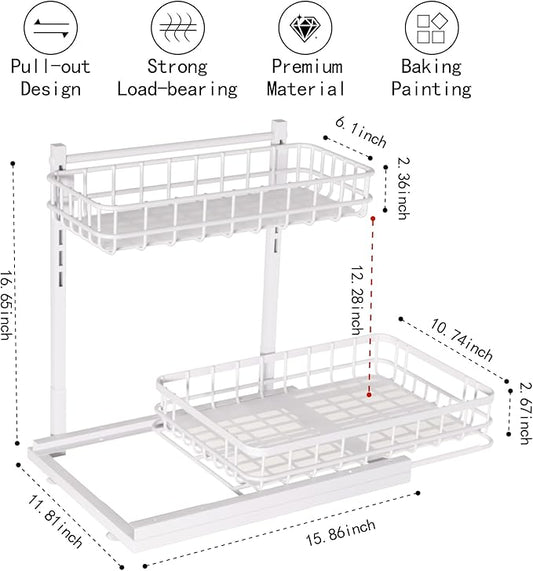 Under Sink Organizer, Adjustable Height Pull-Out Kitchen Storage Organization,15.8" x 11.8" x 16.5", 2-Tier Kitchen Shelf, Bathroom Drawer Organizer, 2 Pack|White