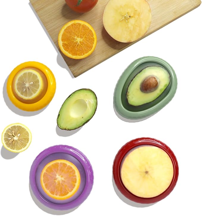 AWLGAK Avocado Saver and Onion Holder -Set of 4 Reusable Fruit and Veggie Savers for Fridge - BPA-Free, Prevent Flavor Mixing, Keep Fresh (Cyan, Purple, Red And Yellow)
