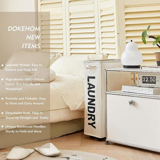 DOKEHOM 25-Inches Slim Laundry Basket on Wheels, Collapsible Rolling Laundry Hamper, Foldable Narrow Corner Clothes Storage Bins (Beige)