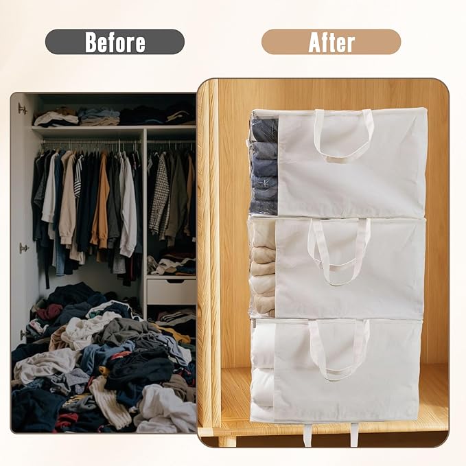Heavy Duty Cotton Canvas Storage Bags For Comforter Blankets Clothes Extra Large Foldable Organizer with Clear Window & Reinforced Handles, Dustproof Design (White, 80L-4Pack)