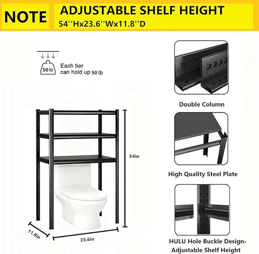 Over The Toilet Storage Shelf, Freestanding Metal Bathroom Shelf Organizer, Waterproof Rustproof Space Saver, Black,54''H×23.6''W×11.8''D