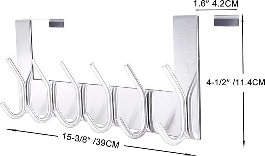SKOLOO Over The Door Hook - 6 Hooks, No Assembly Required, Stainless Steel Door Hooks, Over Door Coat Rack for Hanging Coats Clothes Hats Robes, Silver, Pack of 2