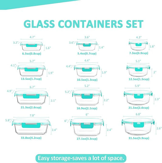 KOMUEE 24 Pieces Glass Food Storage Containers Set, Meal Prep Containers-Stackable Airtight Glass Storage Containers with lids,Freezer, Microwave, Oven Safe,Green