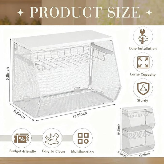 2 Pcs Stackable Fruit Basket with Lid for Kitchen Counter Storage Basket with Drawer Mesh Wall Hanging Wire Baskets with Lid Metal Vegetable Container for Kitchen 13.8 x 8.3 x 9.8''(White)