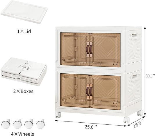 Vavkorkula Storage Bins with Lids and Wheels, 220QT-110QT*2Tier Collapsible Bathroom Storage Cabinet with Clear Doors, Plastic Stackable Closet Organizers and Containers White