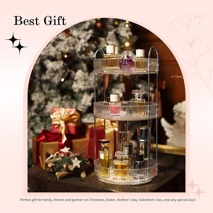 ALUYUYO 360° Rotating Makeup Organizer for Vanity, Spinning Cosmetics Organizer Holder Rack, Large Capacity Bathroom Organizer Countertop, Fits Perfume, SkinCare, Makeup Brushes 3 Tiers, Transparent