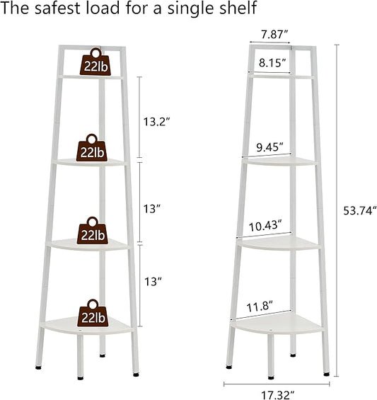 Hoctieon Corner Shelf, 4-Tier Corner Bookshelf, Rustic Corner Ladder Shelf, Industrial Display Shelf for Living Room, Kitchen, Home Office, Balcony, Small Space, Metal Frame, White