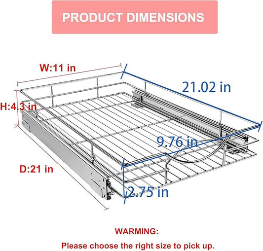 Pull Out Cabinet Organizer 11" W x 21" D, Heavy Duty Kitchen Cabinet Pull Out Shelves, Slide Out Wire Basket for Kitchen Cabinets, Bathroom, Pantry, Chrome Finish