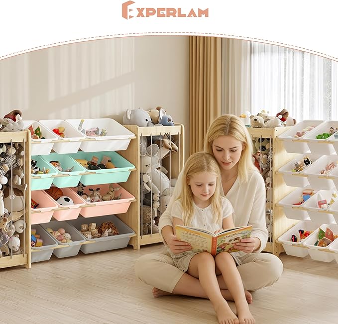Large Toy Storage Organizer, Wooden Stuffed Animal Storage & 12-Bins Toy Organizer, Double-Sided Plush Toy Holder Featuring Thicker Ropes, Space Save Playroom Nursery Bedroom Storage, Multi