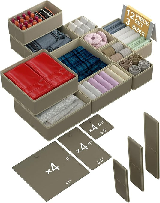 Drawer Organizer – 12 Pack Foldable Beige Fabric Storage Bins for Baby Clothes, Dresser, Closet, Towels, Socks, Diapers | Nursery & Bedroom Drawer Dividers for Home Organization
