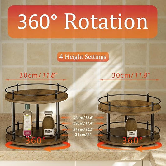 2 Tier Lazy Susan Organizer,2-Tier Spinning Spice Rack with Stable Carousel Base & 4 Height Settings for Cupboard Kitchen Countertop Dining Table Cupboard (Two-Ply(Round))