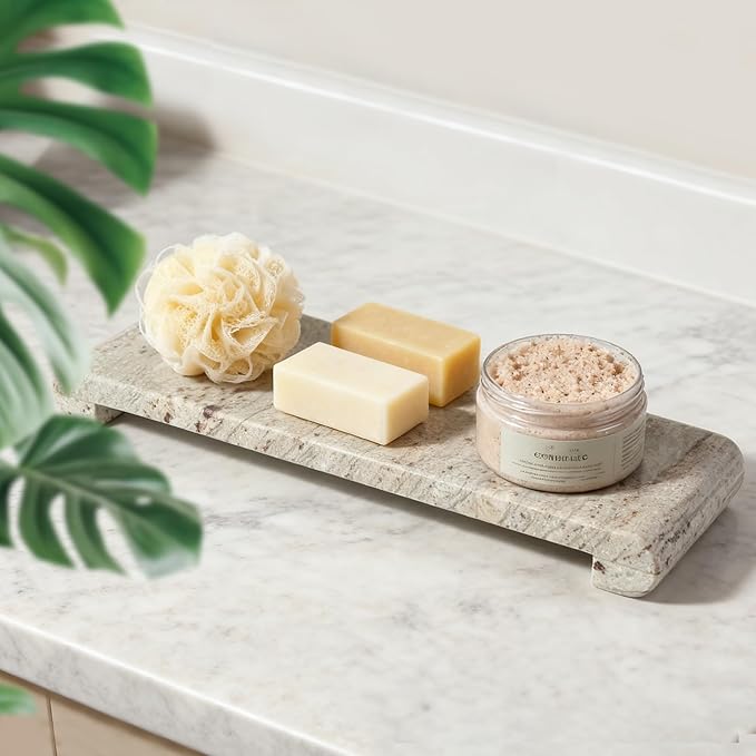 Natural Marble Pedestal Stand, Marble Tray for Kitchen Counter, Bathroom, Home Decor, Small Potted Plant Tray 4.02" x 15.98" Soap Dish Holder for Jewelry, Vanity, Counter Luxury Decorative Tray (River White)