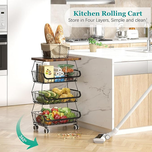 Fruit Basket with Wooden Lid for Kitchen, 4-Tier Stackable Wire Fruit Vegetable Storage Basket Organizer Stand on Wheel, Produce Basket Potato Onion Storage Bins Rack Cart for Pantry
