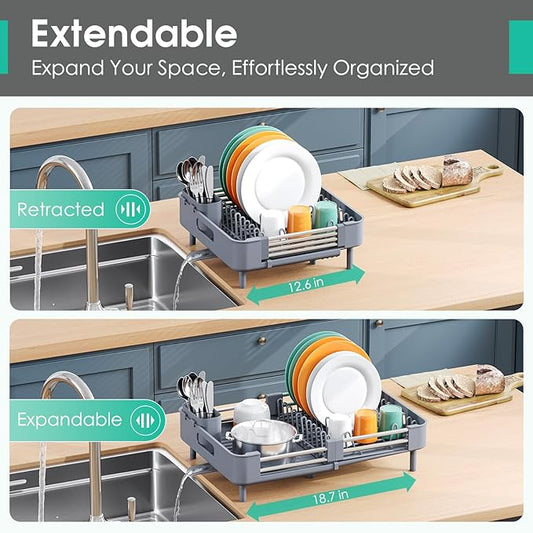 TOOLF Dish Drying Rack with Drainboard, Extendable Dish Rack for Kitchen Counter, Expandable Dish Drainer, Dish Strainer, Foldable Home Countertop Plate Storage Rack with Cutlery Holder, Gray