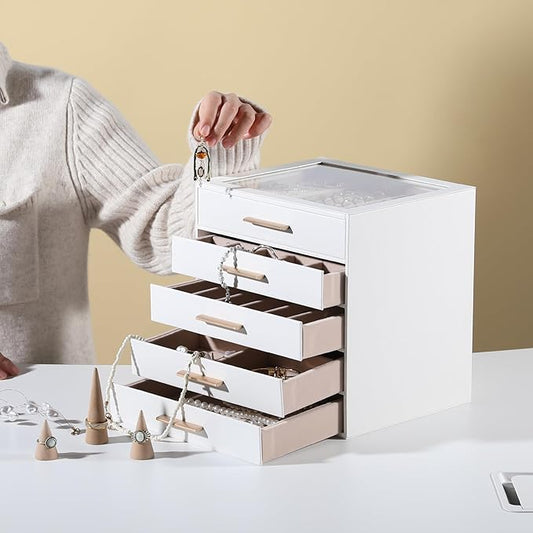 Frebeauty Clear Lid Jewelry Box,5-Layer Jewelry Organizer with Drawer,PU Leather Jewelry Organizers and Storage,Jewelry Boxes for Women,Jewelry Storage for Rings Earring Stud,Gift for Women(White)