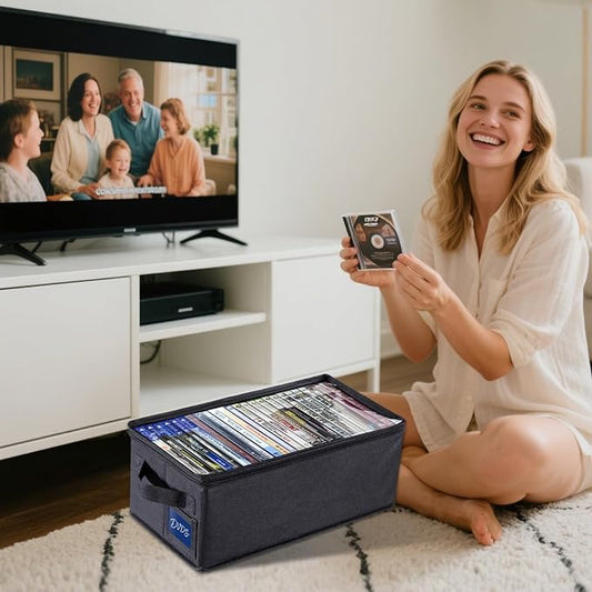 CCidea DVD Storage Box with Clear Window - 15.75" Foldable Media Organizer, Premium Zipper Closure, Holds 27+ DVDs, Dustproof Non-woven Fabric, Reinforced Handles & Label Slot (Black) (4)