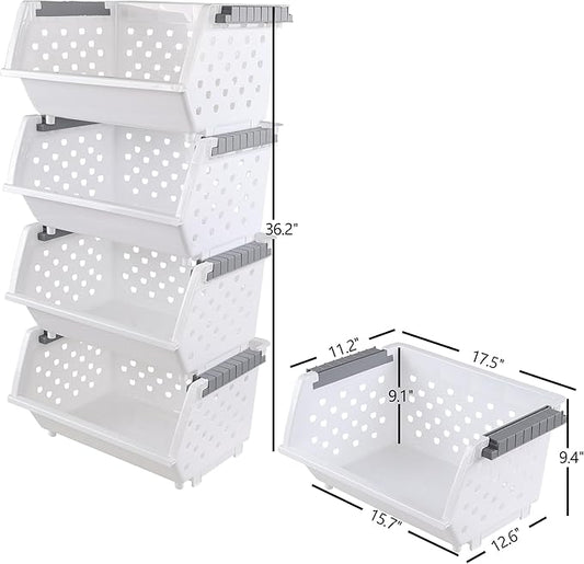 4 Pack White Large Plastic Stackable Storage Bins, Organizer Kitchen Stacking Basket Bin