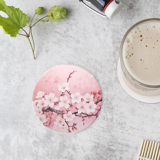 Drinking Coasters with Holder Round Water Absorbent Marble Ceramic Coasters Tabletop Protection(Cork Base),Blooming Pink Cherry Blossom Flowers,Suitable for Various Mugs,Home Decor,4 Inch