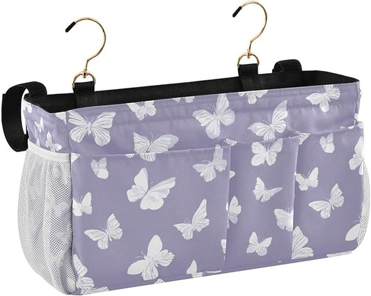 CuwrYet Bedside Caddy Hanging Bunk Bed Caddy Bed Organizer Hanging Pocket with 2 Hooks Bedside Storage Organizer Pocket Bag Holder White Butterfly Purple