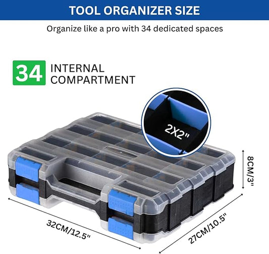 Andalus Tools Organizer Box, Small Parts Storage 34-Compartment Double-Sided Portable Hardware Organizer Removable Plastic Dividers for Screws, Nuts, Bolts, Nails – Blue (1 Pack, 12.5" x 10.5" x 3")