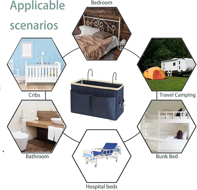 Someteth Bedside Caddy Bedside Hanging Storage Basket Multi-Function Organizer Caddy for Bunk and Hospital Beds Dorm Rooms Bed Rails, Can be Placed Glasses Books Mobile Phones(Navy Blue)