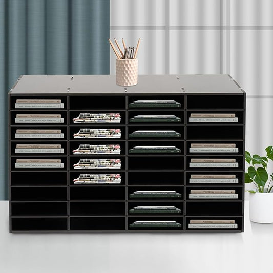 36 Slots Literature Organizer, Desktop Paper & Mail File Sorter for Classroom/Office/Home, PVC File Storage Cabinet with Adjustable Compartments, Multi-Purpose Mail Center (Black-36 Compartments)