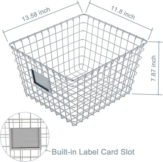 【Extra Large】 Wire Handmade Basket 4 Packs, Kitchen Bathroom Storage, Household Goods Storage, Wardrobe Basket,Silver