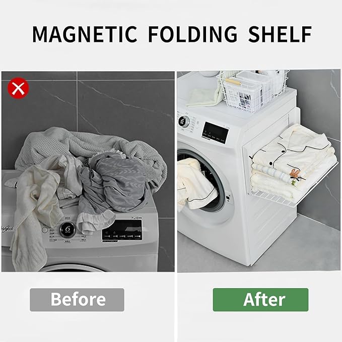 Magnetic Multi-Purpose Organizer Shelf – Space-Saving Side Storage for Washing Machine & Bathroom, Folding Towel Rack for Laundry Room & Camper Sink Area – White