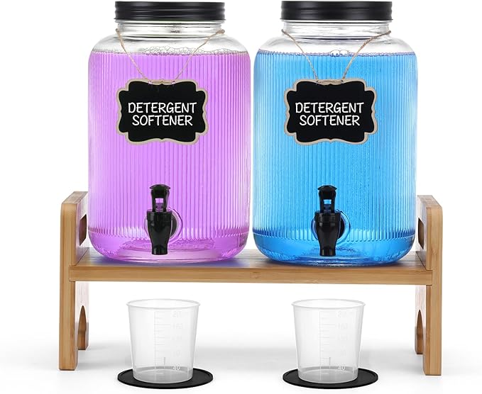 2-Pack Laundry Detergent Dispenser with Bamboo Stand,1 Gallon Laundry Soap Dispenser with Measuring Cup,Glass Laundry Detergent Containr for Laundry Room Organization and Storage