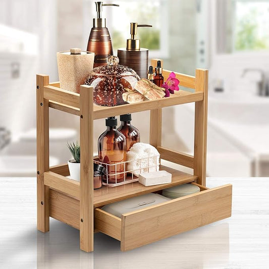 Sorbus Bamboo Bathroom Counter Organizer – 2-Tier Shelf with Hidden Drawer for Vanity, Matcha Station, Bathroom Sink Organizer Countertop, Kitchen & Office Storage (13″ L x 6.5″ W x 12.6″ H)