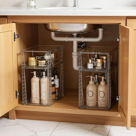High Clear Stackable Storage Drawers(2 Pack), High-strength Plastic Organizer Bins with Handles for Skincare Bathroom Cabinet Vanity Undersink Kitchen Pantry BPA-Free Storage Containers