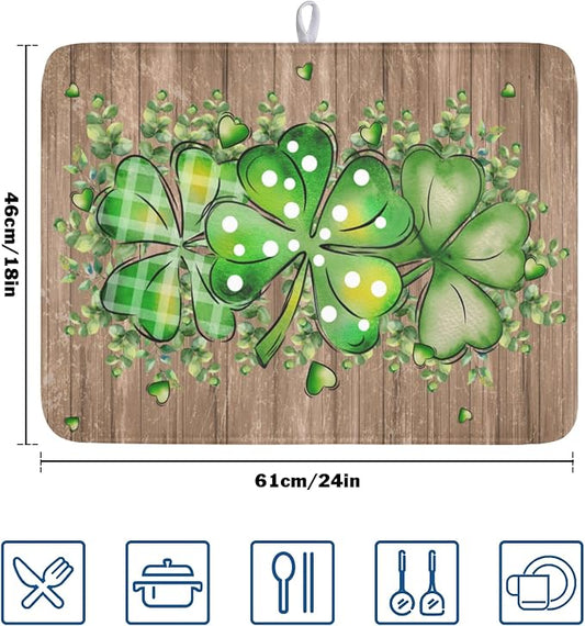 Wnoesat St Patricks Day Wooden Plank Texture Shamrock Dish Drying Mat St Patrick Eucalyptus Leaves Clover Dish Drying Pad for Kitchen Counter Absorbent Microfiber Dishes Drainer Rack Mats 18x24 Inch