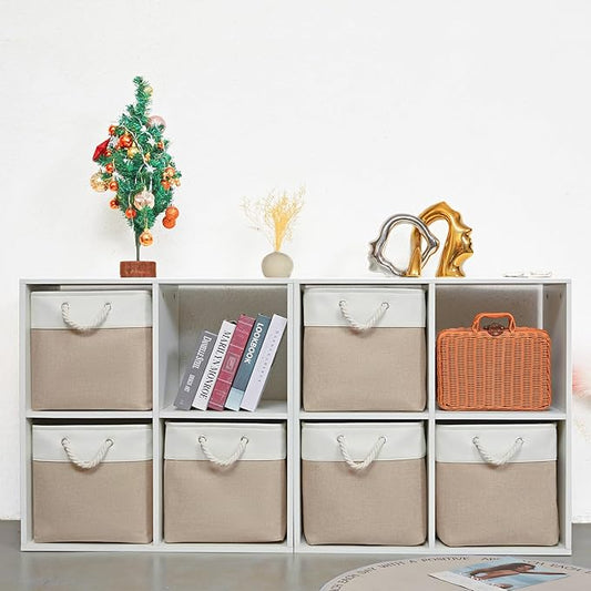 13 x 13 Inch Storage Cubes,6 Pack Cube Storage Bins for Shelves,Fabric Collapsible Storage Bins with Handles, Foldable Storage Basket for Organizing Clothes, Toys, Books (White&Beige)