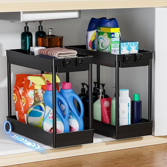 2 Pack Under Sink Organizer, 2 Tier Bathroom Cabinet Organizers and Storage with Hook, Multi-purpose Storage Basket Shelf for Kitchen, Black