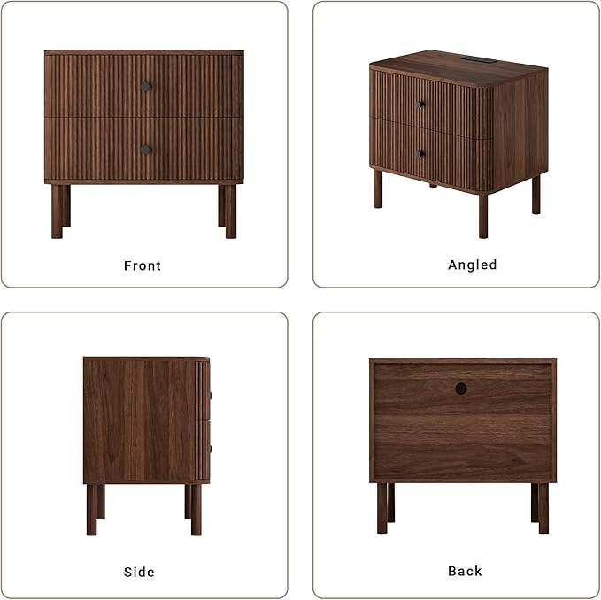 FavourLife Night Stand with Charging Station, 24" Large Fluted Nightstand with Rounded Corners & Solid Wood Legs, 2 Drawers End Table with Storage, Mid Century Modern Bedside Table for Bedroom, Walnut