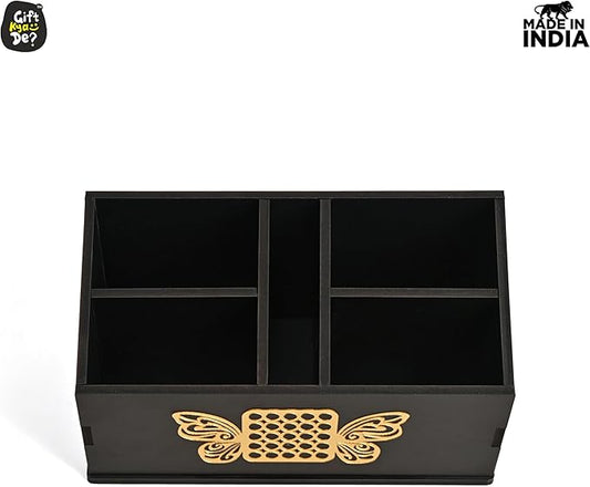 GKD wooden Remote Stand with 5 Sections | Remote Holder for Living Room, TV, and AC | Stationary Organizer | 5 in 1 | Ideal for Home and Office (Black Butterfly)