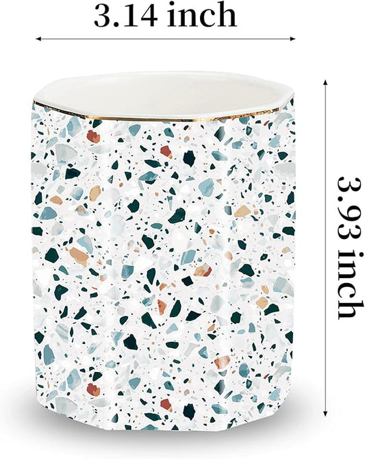 Pen Holder, Makeup Brush Holder Ceramic Shiny Gold Terrazzo Marble Stone Pattern Pencil Cup for Girls Kids Women Durable Stand Desk Organizer Storage Gift for Office, Classroom, Home Light Blue