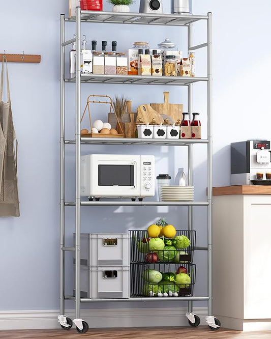 Storage Shelves Organizer - 5 Tier Metal Shelf Organizer with Metal Wheels and Adjustable Leveling Feet, Heavy Duty Garage Shelving for Kitchen, Pantry and Closet, 33.1"x12.6"x73.5", Sliver