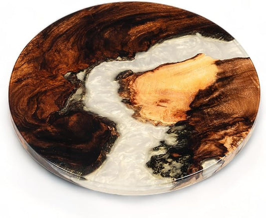 Handmade Reversible 16" Wood and Epoxy Resin Lazy Susan, Turntable for Kitchen Countertop, Rotating Display Stand, Organizer and Storage for Dining Table, Cup Board, Home Decor (Cream/Yellow)