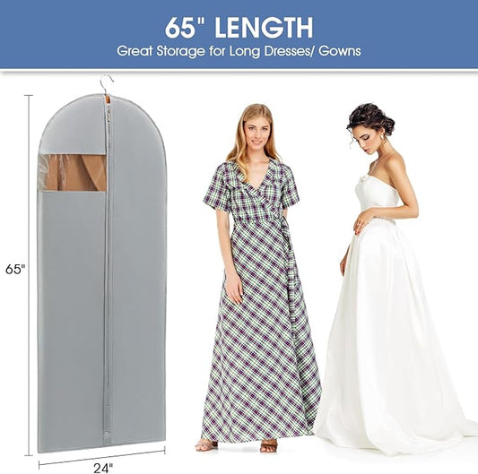 Dress Bags for Gowns, 65'' Long Garment Bags for Hanging Clothes, Dress Garment Bag, Grey Dress Cover with Clear Window for Dresses, Coats, Uniforms - 5 Pack