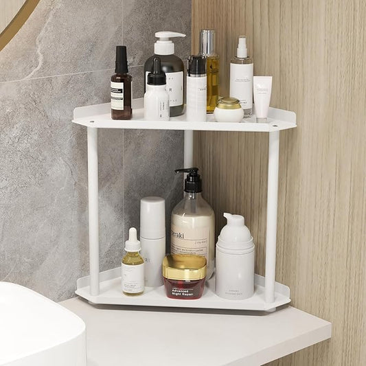 2 Tier Bathroom Counter Organizer, Vanity Organizer Corner Shelf, Skincare, Makeup Countertop Organizers, Kitchen, Bathroom Counter Storage, White