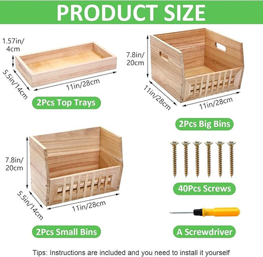 6 Pack Wood Pantry Storage Bins 4 Wooden Storage Bins with 2 Wooden Tray Lids Multipurpose Open Front Stackable Organization Set for Kitchen or Pantry and Fruits Vegetables, Potato & Onion