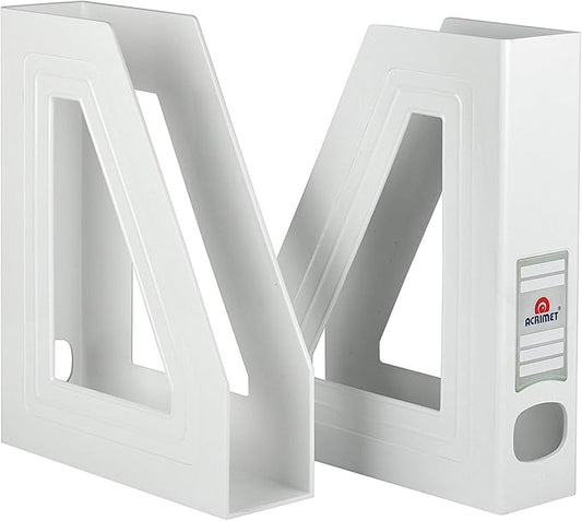 Acrimet Magazine File Holder – Vertical Rack for Documents, Folders and Mail, Durable Plastic Desk Organizer for Office & Home, White (2 Pack)